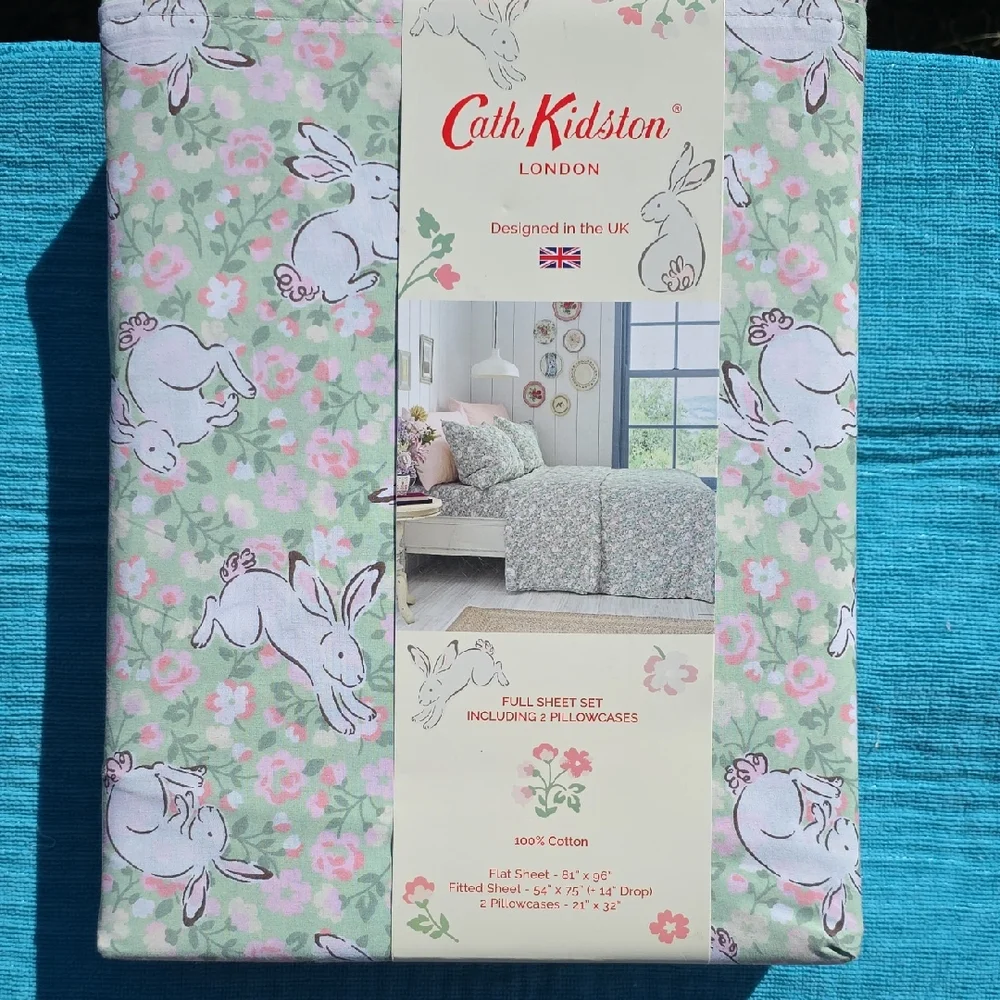 Cath Kidston Green Pink Bunny Floral Full Sheet Set 100% Cotton Spring Easter